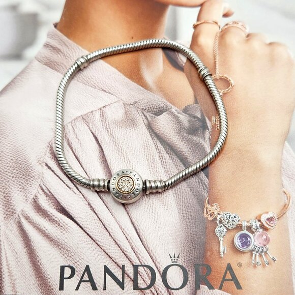 Pandora Moments Logo Clasp Snake Chain Bracelet Authentic 7.5" Length